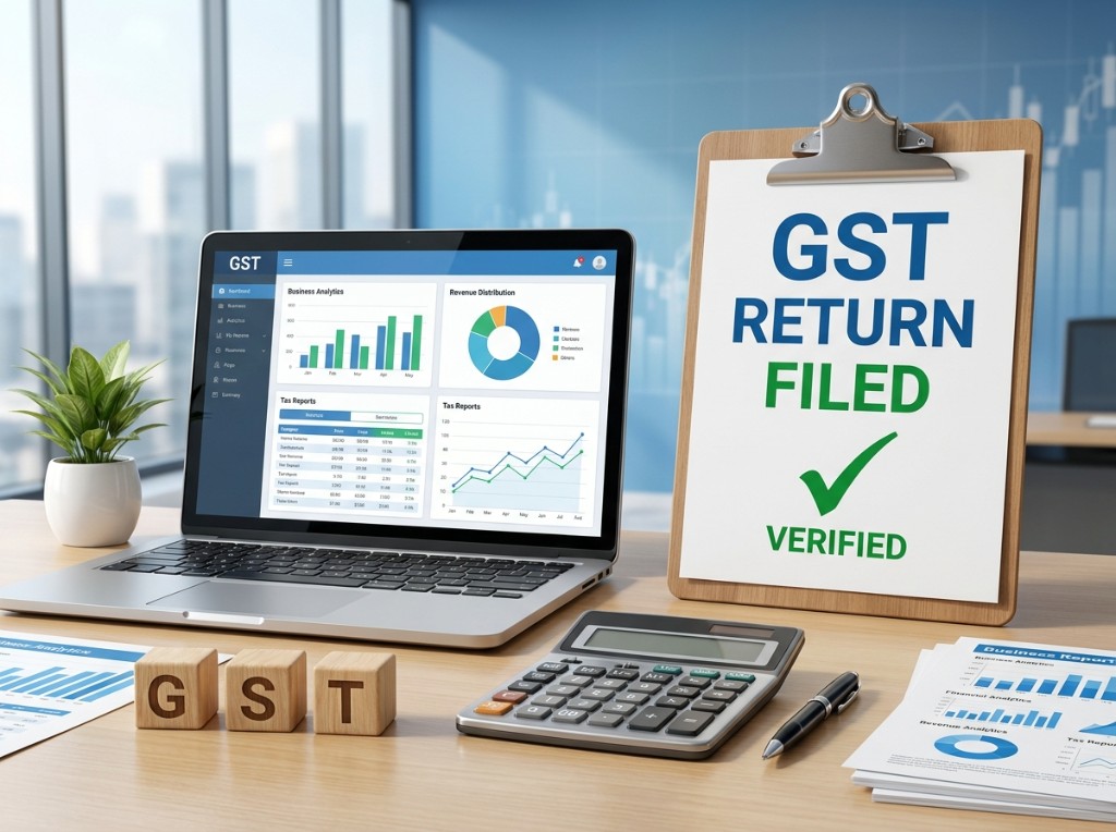 GST return filed successfully — laptop dashboard, calculator and GST documents