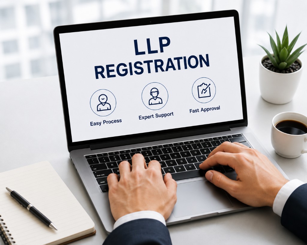 Professional typing on laptop for LLP registration
