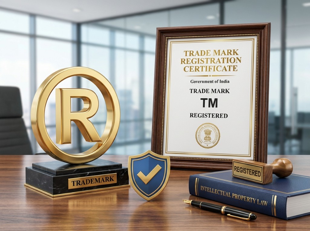Trade Mark Registration Certificate with golden registered trademark symbol and REGISTERED stamp